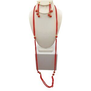 Celebrity NY Vintage Red Beaded Enamel Chain Necklace & Dangle Drop Earrings Set